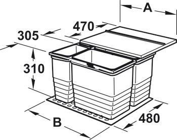 Cubo de basura con cuatro compartimentos, Para Häfele Matrix Box P, 2 x 8 y 1 x 17 litros / 2 x 8 y 2 x 17 litros