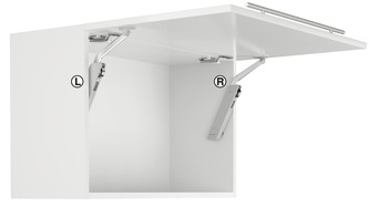 Herraje para puerta elevable, Häfele Free flap H 1.5 – plástico con brazo de soporte metálico, Juego de 1 pieza para aplicación por un lado