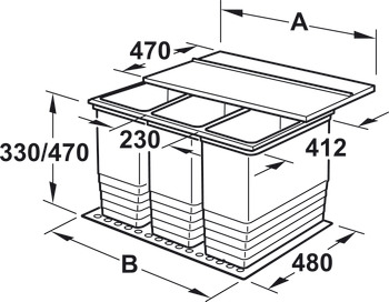 Cubo de basura doble y cubo de basura con tres compartimentos, para Blum Tandembox XL, 2 x 25 litros / 2 x 35 litros / 3 x 25 litros / 3 x 35 litros