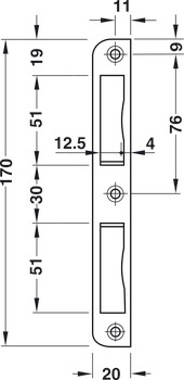 Cerradero angular de chapa, para puertas con galce, 170 mm