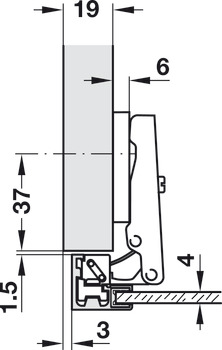 Bisagra de cazoleta, Häfele Metallamat A, montaje angular, ángulo de apertura 110°
