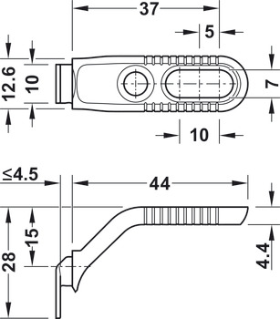Herraje de unión para trasera (trasera), para colgar la trasera, longitud 44 mm