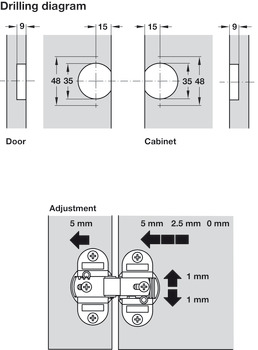 Bisagra para puertas plegables, ranura 0–10 mm, ángulo de apertura 180°, con autocierre