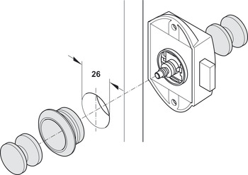 Cerraduras de varilla girable piccolo-nova, Häfele Push-Lock, entrada 25 mm, manejable por un lado
