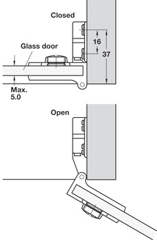 Bisagra para puerta de cristal, ángulo de apertura 170°, montaje enrasado