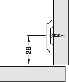 Placa de montaje en cruz, Häfele Duomatic A, acero o fundición de zinc, con tornillos para aglomerado, distancia de los cantos 28 mm
