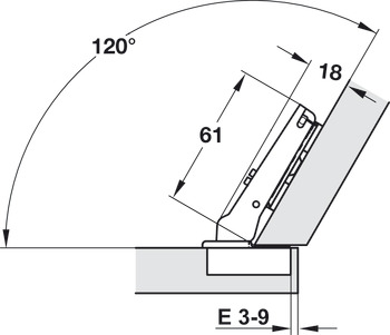 Bisagra oculta, Häfele Duomatic Plus 110°, para aplicación angular de 30°, sobrepuesto