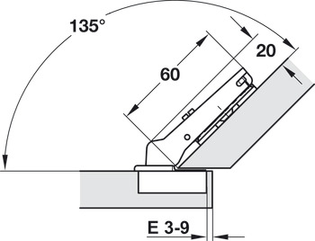 Bisagra de cazoleta, Häfele Duomatic Plus 110°, para aplicación angular de 45°, sobrepuesto