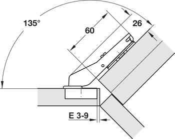 Bisagra oculta, Häfele Duomatic Plus 110°, para aplicación angular de 45°, para frontales enrasados