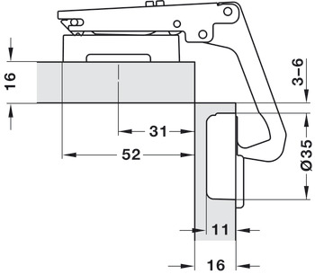Bisagra de cazoleta, Häfele Duomatic 70°, para aplicaciones para armario de rincón, montaje angular