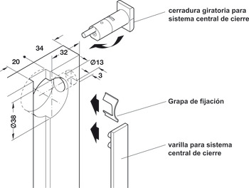 Cerradura giratoria para sistema central de cierre, con cilindro de chapitas, para montar en la pared lateral del armario