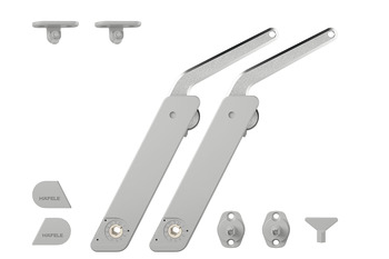 Herraje elevable, Häfele Free Flap H 1.5 – plástico con brazo de soporte metálico, juego de 2 piezas para aplicación por ambos lados